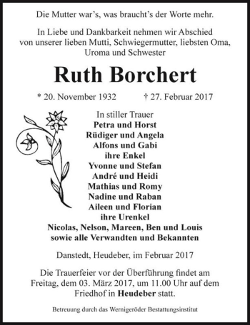 Traueranzeige von Ruth Borchert  von Magdeburger Volksstimme