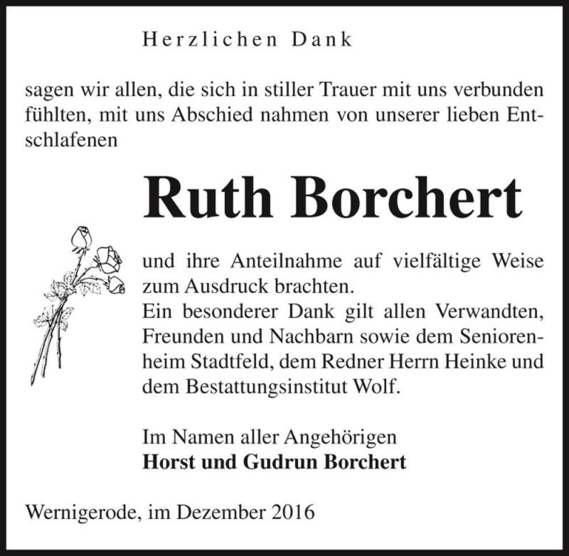  Traueranzeige für Ruth Borchert  vom 31.12.2016 aus Magdeburger Volksstimme
