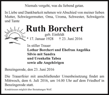 Traueranzeige von Ruth Borchert (geb. Einfeldt)  von Magdeburger Volksstimme
