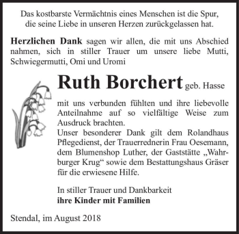 Traueranzeige von Ruth Borchert (geb. Hasse)  von Magdeburger Volksstimme