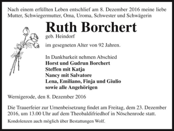 Traueranzeige von Ruth Borchert (geb. Heindorf)  von Magdeburger Volksstimme