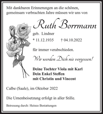Traueranzeige von Ruth Borrmann (geb. Lindner)  von Magdeburger Volksstimme