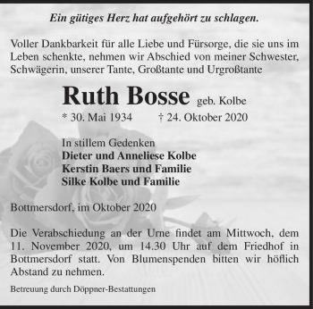 Traueranzeige von Ruth Bosse (geb. Kolbe)  von Magdeburger Volksstimme