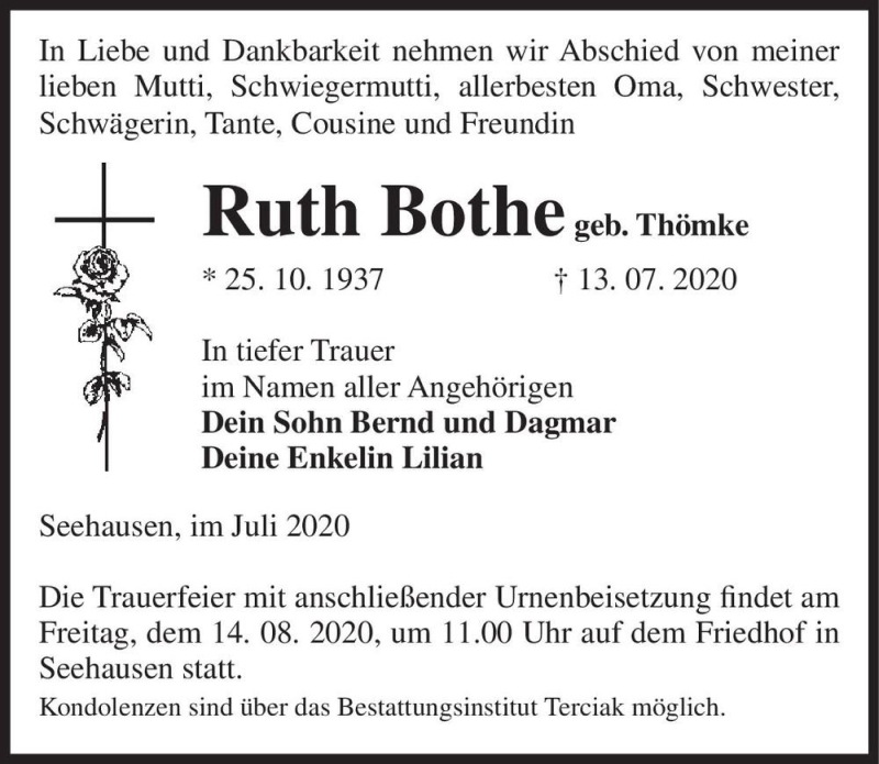  Traueranzeige für Ruth Bothe (geb. Thömke)  vom 18.07.2020 aus Magdeburger Volksstimme