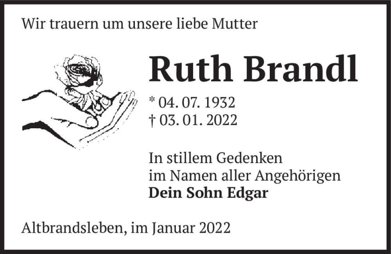  Traueranzeige für Ruth Brandl  vom 08.01.2022 aus Magdeburger Volksstimme