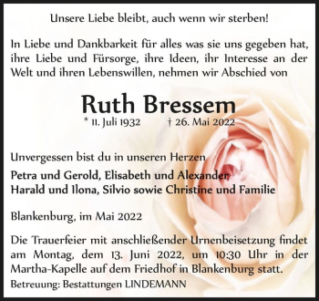 Traueranzeige von Ruth Bressem  von Magdeburger Volksstimme