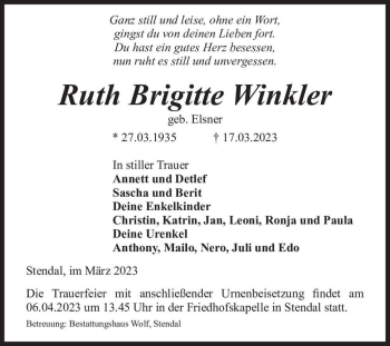 Traueranzeige von Ruth Brigitte Winkler (geb. Elsner)  von Magdeburger Volksstimme