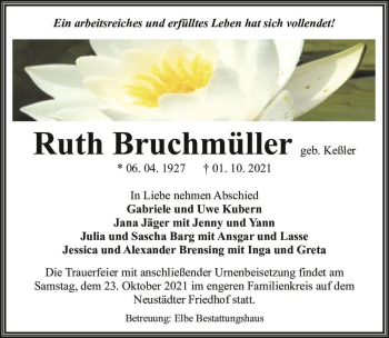 Traueranzeige von Ruth Bruchmüller (geb. Keßler)  von Magdeburger Volksstimme