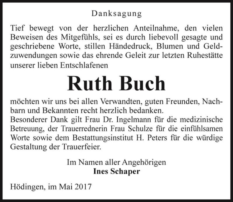  Traueranzeige für Ruth Buch  vom 10.05.2017 aus Magdeburger Volksstimme
