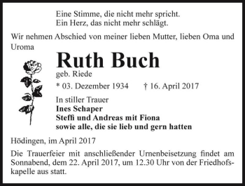 Traueranzeige von Ruth Buch (geb. Riede)  von Magdeburger Volksstimme