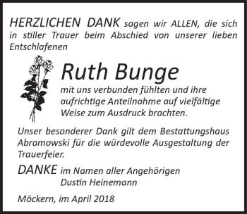 Traueranzeige von Ruth Bunge  von Magdeburger Volksstimme