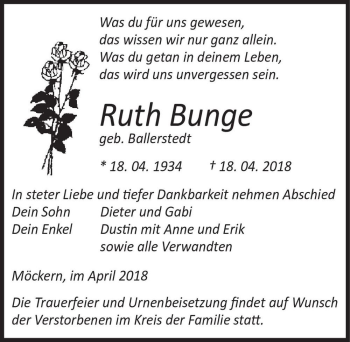 Traueranzeige von Ruth Bunge (geb. Ballerstedt)  von Magdeburger Volksstimme