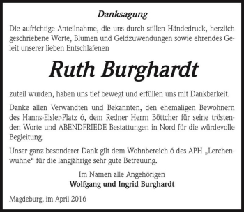Traueranzeige von Ruth Burghardt  von Magdeburger Volksstimme