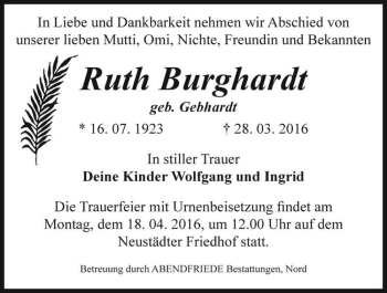 Traueranzeige von Ruth Burghardt (geb. Gebhardt)  von Magdeburger Volksstimme