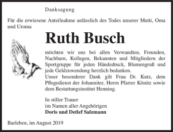 Traueranzeige von Ruth Busch  von Magdeburger Volksstimme