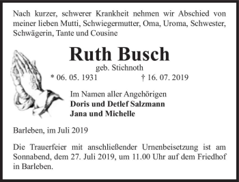 Traueranzeige von Ruth Busch (geb. Stichnoth)  von Magdeburger Volksstimme