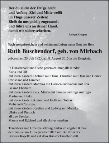 Traueranzeige von Ruth Buschendorf, (geb. von Mirbachgeboren)  von Magdeburger Volksstimme