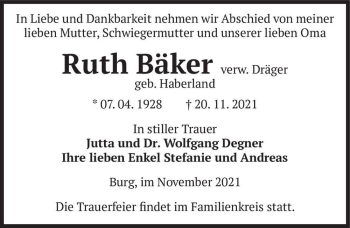 Traueranzeige von Ruth Bäker (verw. Dräger. geb. Haberland)  von Magdeburger Volksstimme