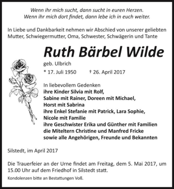 Traueranzeige von Ruth Bärbel Wilde (geb. Ulbrich)  von Magdeburger Volksstimme