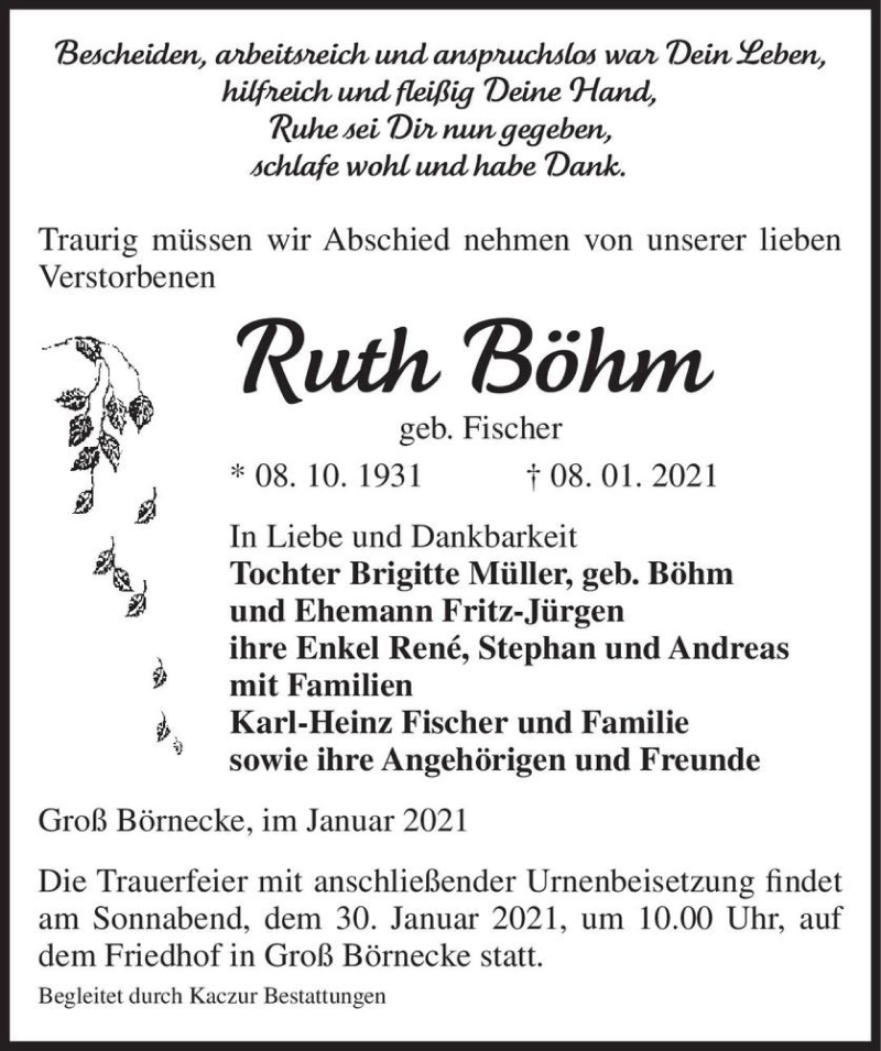  Traueranzeige für Ruth Böhm (geb. Fischer)  vom 16.01.2021 aus Magdeburger Volksstimme