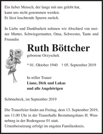 Traueranzeige von Ruth Böttcher (geb. Orzyschek)  von Magdeburger Volksstimme