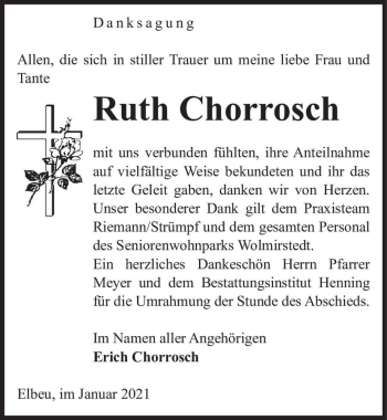 Traueranzeige von Ruth Chorrosch  von Magdeburger Volksstimme