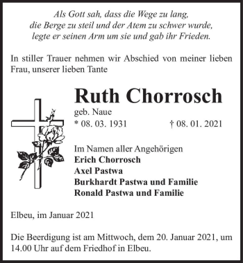 Traueranzeige von Ruth Chorrosch (geb. Naue)  von Magdeburger Volksstimme