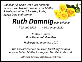 Traueranzeige von Ruth Damnig (geb. Löhnin)  von Magdeburger Volksstimme