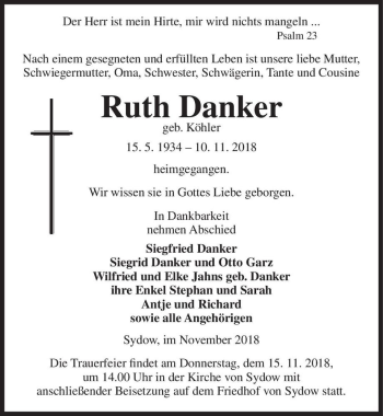 Traueranzeige von Ruth Danker (geb. Köhler)  von Magdeburger Volksstimme