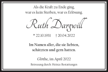 Traueranzeige von Ruth Dargwill  von Magdeburger Volksstimme