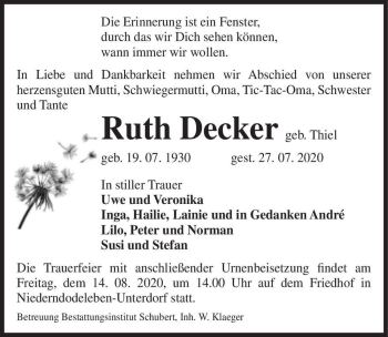 Traueranzeige von Ruth Decker (geb. Thiel)  von Magdeburger Volksstimme