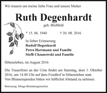Traueranzeige von Ruth Degenhardt (geb. Bloßfeld)  von Magdeburger Volksstimme