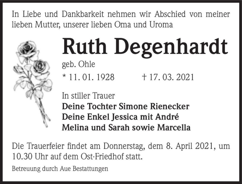  Traueranzeige für Ruth Degenhardt (geb. Ohle)  vom 03.04.2021 aus Magdeburger Volksstimme