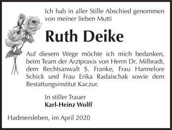 Traueranzeige von Ruth Deike  von Magdeburger Volksstimme