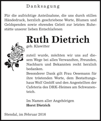 Traueranzeige von Ruth Dietrich (geb. Klawitter)  von Magdeburger Volksstimme