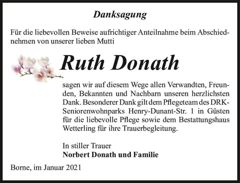  Traueranzeige für Ruth Donath  vom 30.01.2021 aus Magdeburger Volksstimme