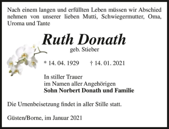 Traueranzeige von Ruth Donath (geb. Stieber)  von Magdeburger Volksstimme