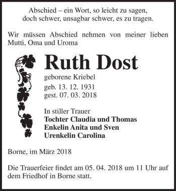 Traueranzeige von Ruth Dost (geb. Kriebel)  von Magdeburger Volksstimme