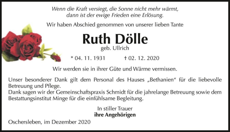  Traueranzeige für Ruth Dölle (geb. Ullrich)  vom 12.12.2020 aus Magdeburger Volksstimme