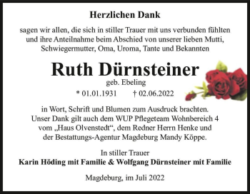 Traueranzeige von Ruth Dürnsteiner (geb. Ebeling)  von Magdeburger Volksstimme