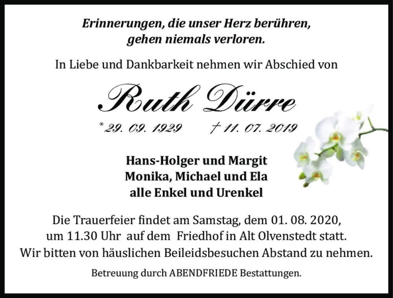  Traueranzeige für Ruth Dürre  vom 25.07.2020 aus Magdeburger Volksstimme