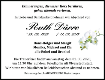Traueranzeige von Ruth Dürre  von Magdeburger Volksstimme