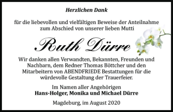 Traueranzeige von Ruth Dürre  von Magdeburger Volksstimme