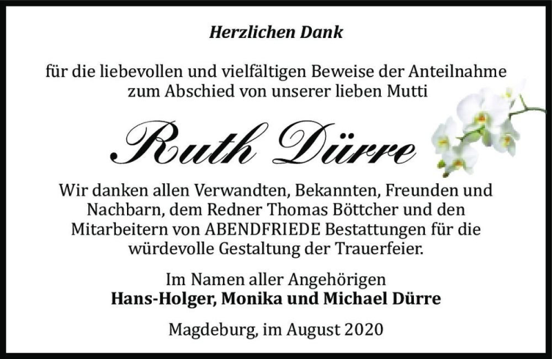  Traueranzeige für Ruth Dürre  vom 15.08.2020 aus Magdeburger Volksstimme