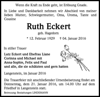 Traueranzeige von Ruth Eckert (geb. Hagedorn)  von Magdeburger Volksstimme