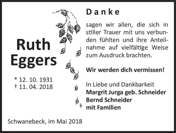 Traueranzeige von Ruth Eggers  von Magdeburger Volksstimme