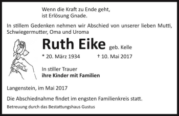 Traueranzeige von Ruth Eike (geb. Kelle)  von Magdeburger Volksstimme