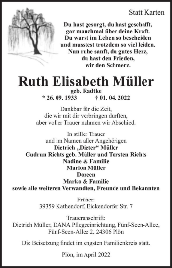Traueranzeige von Ruth Elisabeth Müller (geb. Radtke)  von Magdeburger Volksstimme
