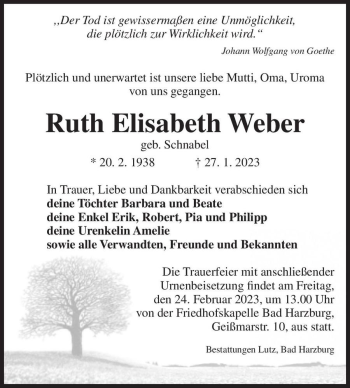Traueranzeige von Ruth Elisabeth Weber (geb. Schnabel)  von Magdeburger Volksstimme