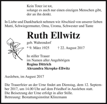 Traueranzeige von Ruth Ellwitz (geb. Wahrendorf)  von Magdeburger Volksstimme